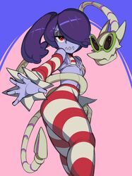 2018 5_fingers angry bikini bikini_top blue_skin captain_kirb flat_chest flat_chested glasses leviathan_(skullgirls) pink_background purple_hair purple_skin red_eyes simple_background skullgirls small_breasts squigly stitched_mouth stockings striped striped_clothing striped_legwear zombie