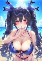 ai_generated beach bikini black_hair blush breasts cleavage close-up finger_to_mouth front_view hair_ribbon light_skin long_hair looking_at_viewer neptunia_(series) nepunep noire red_eyes smile solo twintails