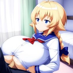 1boy ai_generated blazblue blonde_hair blue_eyes es_(xblaze) female huge_breasts nai_diffusion paizuri paizuri_under_clothes penis serafuku straight underboob