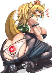 1girls ass big_ass big_breasts blonde_hair blue_eyes blush bowsette breasts cleavage clothing crown dat_ass female female_only genderswap huge_ass mario_(series) new_super_mario_bros._u_deluxe nintendo nuezou open_mouth panties rule_63 scalie sharp_teeth skindentation spiked_heels spiked_shell squat squatting tail torn_clothes turtle_shell underwear wardrobe_malfunction white_background