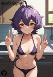 ahoge ai_generated bangs bare_arms bare_shoulders bikini black_bikini blush breasts collarbone cowboy_shot double_v female grin hair_between_eyes halterneck hands_up hiiragi_utena indoors kitchen looking_at_viewer magia_baiser mahou_shoujo_ni_akogarete medium_breasts navel pikkiwynn purple_bikini purple_hair short_hair small_breasts smile solo standing stomach string_bikini swimsuit thigh_gap thighs tiles v yellow_eyes