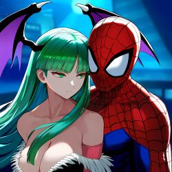 1boy 1girls ai_generated bare_shoulders big_breasts breasts capcom city_background couple crossover curvaceous curvy darkstalkers female green_hair huge_breasts male marvel marvel_comics marvel_vs._capcom monster_girl morrigan_aensland no_bra no_sex peter_parker pressed_against pressed_together saggy_breasts spider-man spider-man_(series) standing straight succubus superhero