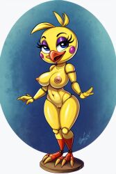 's) ai_generated avian beak bird chibi doll figurine full_body_view galliform gallus nipple nud pizza_shop toy toy_chica_(five_nights_at_freddy toy_chica_(fnaf) yellow_furr yellow_skin