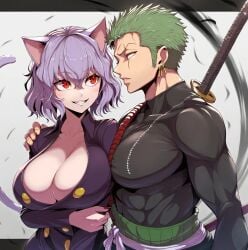 1boy 1girls ai_generated athletic_female big_breasts cat_ears cat_tail catgirl couple crossover dreson earrings female gigantic_breasts green_hair huge_breasts hunter_x_hunter large_breasts light-skinned_female light_skin male male_chest muscular_male nai_diffusion neferpitou one_piece purple_hair red_eyes roronoa_zoro short_hair shounen_jump smiling sword swordsman