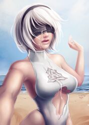 1girls breasts cum cum_on_breasts cum_on_face female luminyu nier nier:_automata one-piece_swimsuit swimsuit tagme yorha_2b