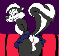 abstract_background anonymous_artist anthro anus ass backsack balls black_nose bottomwear cheek_tuft clothed clothing crossdressing digital_media_(artwork) facial_tuft femboy fur genitals looney_tunes low-angle_view male mammal markings mephitid pepe_le_pew seductive skirt skunk skunk_tail solo striped_markings striped_skunk striped_tail stripes tail tail_markings tuft upskirt warner_brothers