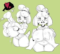 2018 animal_crossing anthro big_breasts blush breasts bursting_breasts button_down_shirt button_gap canine clothed clothed_sex clothing cum disembodied_hand disembodied_penis ejaculation female fur grope hair heart huge_breasts hyper hyper_breasts isabelle_(animal_crossing) male mammal nintendo open_mouth paizuri penis reverse_paizuri sakana8888888 sex shih_tzu simple_background solo sweat video_games voluptuous