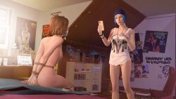 2girls 3d blue_hair bondage brown_hair chloe's_bedroom chloe_price dominant_female female female_only femdom femsub lezdom life_is_strange max_caulfield nude phone rope skyripe submissive_female taking_picture tape tape_gag tied_up