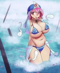 1girls :p bikini black_ribbon blue_bikini blue_headwear breasts_bigger_than_head ghost greenm huge_breasts in_water looking_at_viewer micro_bikini midriff mob_cap pink_eyes pink_hair saigyouji_yuyuko short_hair solo spirits steam swimsuit thick_thighs thighs tongue_out touhou triangular_headpiece veil yuyuko_saigyouji