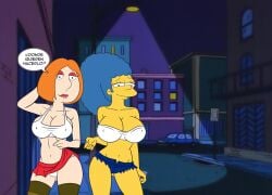 alley alone blue_hair breasts croc_(artist) family_guy hair_blue lois_griffin marge_simpson minishorts night night_sky orange_hair prostitute prostitution smile spanish_text the_simpsons translated_in_comments yellow_body