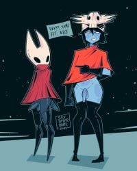 2futas balls belly belly_button better_version_at_source blue_skin boots bottomless casual_bottomless clothed clothed_futanari clothing crossover duo erection flaccid futa futa_on_male futa_only futanari hollow_knight hornet_(hollow_knight) humanoid humanoid_penis hylics midriff penis pointing pointing_at_another shaved_balls shaved_penis shoes skyafterdark smile somsnosa_(hylics) standing thighhighs thighs twitter_sample