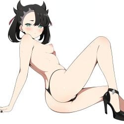 ai_generated anus_peek aqua_eyes arm_support ass asymmetrical_bangs asymmetrical_hair barbell_piercing bikini bikini_bottom_only black_choker black_footwear black_hair black_nails black_panties blush breasts closed_mouth ear_piercing earrings female female foot_out_of_frame full_body g-string green_eyes hair_ribbon high_heels jewelry knee_up legs looking_at_viewer marnie_(pokemon) medium_hair micro_panties nail_polish nipples panties partially_visible_vulva piercing platform_heels pokemon pokemon_swsh red_ribbon ribbon simple_background sitting small_breasts solo strappy_heels sweat swimsuit thighs thong toenail_polish topless twintails undercut underwear wedgie white_background