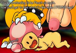 1boy 1girls alternate_version_available apologizing ass bowser english_text female female_focus forced imminent_rape indoors large_penis looking_back male mario_(series) nintendo no_humans nude penis pinned plaguetyranno scared size_difference tears testicles text toadette vein veiny_penis