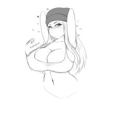 1girls arms_behind_head arms_up barely_contained beanie big_breasts blush breasts bursting_breasts cleavage cleavage_overflow clothes esskayuwu eyelashes greyscale heart jiggling_breasts jocsan_art large_breasts long_hair looking_away mask monochrome motion_lines navel real_person sidelocks sketch skin_tight skindentation solo tank_top thick_eyelashes twitch twitter watermark white_background youtube