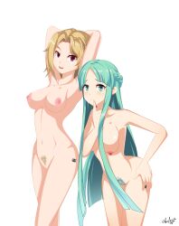 2girls blonde blonde_female blonde_hair blonde_hair_female boobs breasts female female/female female_only female_with_female girls girls_only grand_chase green_eyes green_hair green_hair_female multiple_girls naked nude nudity red_eyes white_background