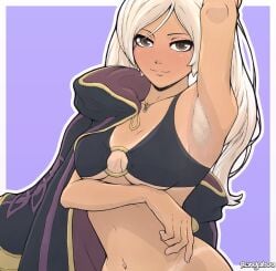 1girls accessory alternate_costume arm_under_breasts arm_up armpit_fetish armpit_hair armpits bare_midriff bedroom_eyes bikini bikini_top black_bikini black_swimsuit bottomless breasts brown_eyes coat female female_armpit_hair female_only fire_emblem fire_emblem_awakening fire_emblem_heroes hairy_armpits long_hair looking_at_viewer medium_breasts midriff navel necklace nintendo o-ring o-ring_bikini official_alternate_costume pose purple_background rengaboo robin_(female)_(summer)_(fire_emblem) robin_(fire_emblem) robin_(fire_emblem)_(female) seductive smile solo swimsuit tan_body tanline teasing twintails underboob undressing untied untied_bikini upper_body white_hair