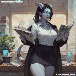 ai_generated athena buttoned_shirt draenei draenei_female goddess office_lady pencil_skirt sexygoatgod skirt warcraft