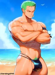 abs ai_generated balls bara baraboys biceps big_bulge bulge green_hair huge_bulge male male_nipples male_only muscular_male nipples one_piece pecs penis_outline roronoa_zoro scar