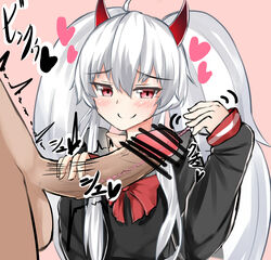 1boy 1girls bar_censor censored female femdom grim_aloe horn male_urethral_insertion nosuke_(pixiv) penis pink_background quiz_magic_academy red_eyes sex_toy simple_background smile sounding testicles trembling urethral_beads urethral_insertion white_hair x-ray