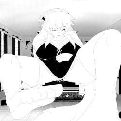 black_and_white claws cramped foot_fetish footwear frederica_baumann front_view giantess giantess_growth groggy growth half_asleep hand_on_stomach large_breasts laying_on_bed leggings long_hair maid maid_headdress mini_giantess monster_girl monster_hands nightgown perspective potion potion_bottle re:zero_kara_hajimeru_isekai_seikatsu sharp_teeth tail waking_up xpsycho6x_(artist)