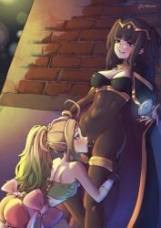 2girls blush blush body_stocking cape cunnilingus cunnilingus_through_clothes dragon_girl eating_pussy female female/female female_only fire_emblem fire_emblem_awakening hand_on_head long_ears loodolodo multiple_girls nintendo nowi_(fire_emblem) partially_visible_vulva pointy_ears ribbon smile tharja_(fire_emblem) through_clothes through_clothing tongue tongue_out vagina yuri