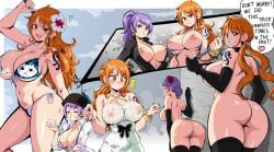 2girls assisted_exposure beach big_breasts bikini bikini_malfunction bikini_removed blush breasts busty carina_(one_piece) cleavage curvy curvy_female embarrassed embarrassed_nude_female enf exposed_breasts female female_only ice_cream lewdamone light-skinned_female long_hair mischievous multiple_girls nami nipple_slip nude one_piece one_piece_film_gold orange_hair post-timeskip purple_hair sand sea seaside short_hair shoulder_tattoo shounen_jump sweat taking_clothes_off tattoo thick_thighs umbrella voluptuous wardrobe_malfunction water wink