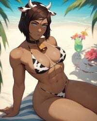 1girls abs ai_generated avatar_legends beach belly blanket blue_eyes blush breasts brown_hair closed_mouth cow_bell cow_bell_collar cow_ears cow_horns cow_print cow_print_armwear cow_print_bikini cow_print_panties cow_print_sleeves cowbell cowprint female fousters korra large_breasts looking_at_viewer medium_breasts oil oiled oiled_skin palm_tree pony_diffusion_xl sand sea sitting smile stable_diffusion the_avatar the_legend_of_korra thick_thighs water_tribe