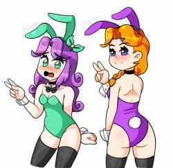 2d 2girls abigail_(stardew_valley) bunny_ears bunny_tail bunnysuit female female_only green_eyes ikeychain leah_(stardew_valley) orange_hair peace_sign purple_eyes purple_hair redhead ribbon stardew_valley tagme