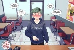 1boy 1girls better_with_salt blush blushing_at_viewer fast_food_restaurant green_hair hoodie looking_at_viewer orange_eyes restaurant talking_to_another talking_to_viewer text text_bubble thin_female thought_bubble