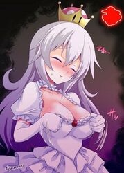 big_breasts boosette closed_eyes crown mario_(series) new_super_mario_bros._u_deluxe nintendo queen white_dress white_hair yamu_(reverse_noise)