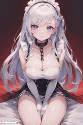 ai_generated azur_lane bare_shoulders belfast_(azur_lane) between_legs blue_eyes blush braid breasts chains cleavage closed_mouth collar collarbone dmk_meow dress elbow_gloves female french_braid frills gloves hand_between_legs large_breasts long_hair looking_at_viewer maid maid_headdress sitting skirt sleeveless solo thighs v_arms white_gloves white_hair