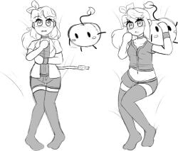 2d abigail_(stardew_valley) bangs belt belt_unbuckled black_and_white blush blush_lines blushing blushing_at_viewer bow choker dakimakura dakimakura_design different_poses female hair_ribbon hairbow ikeychain jacket jacket_open junimo long_hair looking_at_viewer lying lying_down no_shoes pinup plushie pose ribbon shirt shoeless shorts shy side_bangs socks stardew_valley stockings tagme thigh_highs thighhighs