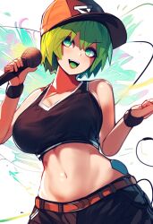 abstract_background ai_generated foo_fighters green_hair green_tongue hat jeff's_ai_lewds jojo's_bizarre_adventure microphone navel novelai stone_ocean