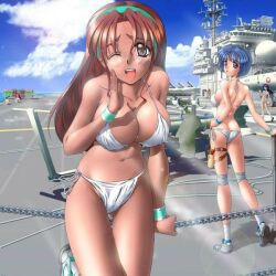 1:1_aspect_ratio aircraft_carrier bikini blue_hair brown_hair clothing eyewear flight_deck hairband headwear long_hair military military_vehicle multiple_girls narukami_kaname_(flag_quarters) one_eye_closed ship short_hair sky swimsuit tagme warship watercraft wink