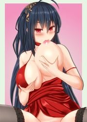 ahoge azur_lane bare_shoulders black_hair blush breast_sucking breasts cleavage dress eyebrows_visible_through_hair female hair_between_eyes hair_ornament huge_breasts large_breasts long_hair looking_at_viewer red_dress red_eyes self_breast_sucking solo taihou_(azur_lane) taihou_(forbidden_feast)_(azur_lane) tomohiro_(duo) very_long_hair