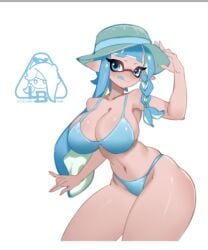 1girls big_breasts bikini blue_bikini blue_eyes blue_hair blue_swimsuit blue_tongue commission curvaceous curvy female hat holding_hat hourglass_figure inkling inkling_girl little_blood oc splatoon sun_hat swimsuit thick_thighs tongue_out wide_hips