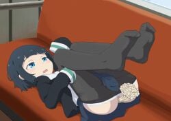 anal anal_insertion blue_eyes blue_hair canonical_scene legs_apart schoolgirl shinonome_akira shorts shuumatsu_train_doko_e_iku? spread_legs