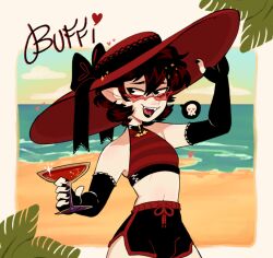 beach black_hair black_lipstick buffi_(scootybooty) bulge crop_top drink elbow_gloves fangs femboy looking_over_eyewear looking_over_sunglasses scootybooty shorts smile solo sunglasses sunhat swimwear tinted_eyewear vampire water