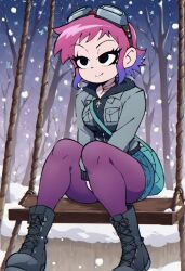 accurate_art_style ai_generated boots clothed clothing female goggles_on_head hoodie jacket jean_skirt pantyhose pink_hair purple_legwear ramona_flowers scott_pilgrim scott_pilgrim_takes_off skirt