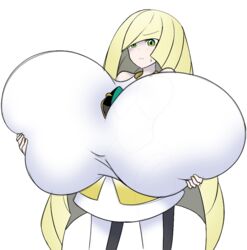 1girls aether_foundation alpha_channel alphaerasure alternate_breast_size blonde_hair blush breast_expansion breasts busty downzekd dress female female_only green_eyes hair_over_one_eye holding huge_breasts human hyper hyper_breasts leggings long_hair lusamine_(pokemon) milf mother nail_polish nintendo pokemon pokemon_sm standing sweat thigh_gap third-party_edit yellow_nails