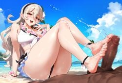 ai_generated beach bikini corrin_(fire_emblem) corrin_(fire_emblem)_(female) corrin_(summer)_(fire_emblem)_(female) dark-skinned_male fire_emblem fire_emblem_fates fire_emblem_heroes foot_fetish footjob ocean pointy_ears red_eyes tagme tharkica white_hair