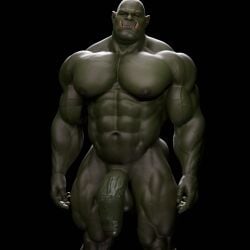 1boy bald balls bara barazoku green_body green_skin male male_only muscular muscular_male orc penis solo solo_male tusks voluox