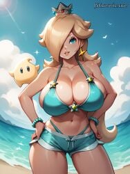 ai_generated autismmix_pony(model) bikini blonde_hair blue_eyes breasts cleavage cloud crown day earrings female hair_over_one_eye hi_res huge_breasts jewelry long_hair looking_at_viewer luma mario_(series) navel nintendo outdoors princess_rosalina self_upload shorts sky smile solo star_(symbol) star_earrings super_mario_galaxy swimsuit water