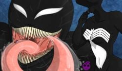 breasts flat_belly giantess long_tongue marvel nikonoir open_mouth pointy_teeth saliva she-venom shrinking spider-man superhero swallowing symbiote thin_waist throat_bulge tongue uvula venom_(marvel) vore white_eyes