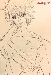 baby_cat breasts_out canon_genderswap female female_only genderswap_(mtf) ginko_sakata gintama gintoki_sakata hair_between_eyes kimono line_art looking_at_viewer medium_breasts messy_hair monochrome no_bra open_kimono rule_63 short_hair smile solo traditional_media_(artwork)