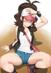 1girls 2d cap color female female_focus female_only game_freak gonoike_biwa hat hilda_(pokemon) hotpants looking_at_viewer nintendo no_sex pokemon pokemon_bw ponytail short_shorts shorts simple_background sitting spread_legs sweat sweatdrop tank_top teenager tomboy