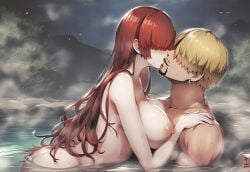 1boy 1girls ai_generated blonde_hair crossover dreson female hair_over_eyes huge_breasts implied_sex king_of_fighters kissing large_breasts light-skinned_female light_skin long_hair male muscular_male nai_diffusion nude nude_female nude_male one_piece red_hair sauna shermie_(kof) shounen_jump snk vinsmoke_sanji voluptuous voluptuous_female