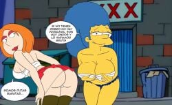 alley alone blue_hair breasts croc_(artist) family_guy hair_blue lois_griffin marge_simpson minishorts night night_sky orange_hair prostitute prostitution smile spanish_text the_simpsons translated_in_comments yellow_body