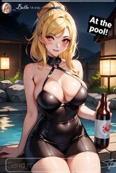 1female 1girls ai_generated background barely_clothed black_dress blonde_female blonde_hair detailed_background female instagram kuku latex latex_dress nighttime original_character pool screen_capture screenshot sitting smiling social_media swimming_pool towel water wet wet_body wet_skin white_hair yellow_eyes