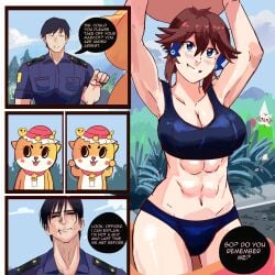 1boy 1girls abs angry_expression armpits arms_up black_hair blue_eyes blush breasts brown_hair chiitan cleavage deanialsart dialogue female jujutsu_kaisen large_breasts male mascot mascot_costume mascot_head mask masked masked_female muscular muscular_arms muscular_female oc police police_uniform policeman scar_on_lip sexy short_hair sports_bra sportswear taking_clothes_off thick_thighs thighs toji_fushiguro veins veiny_muscles wide_hips